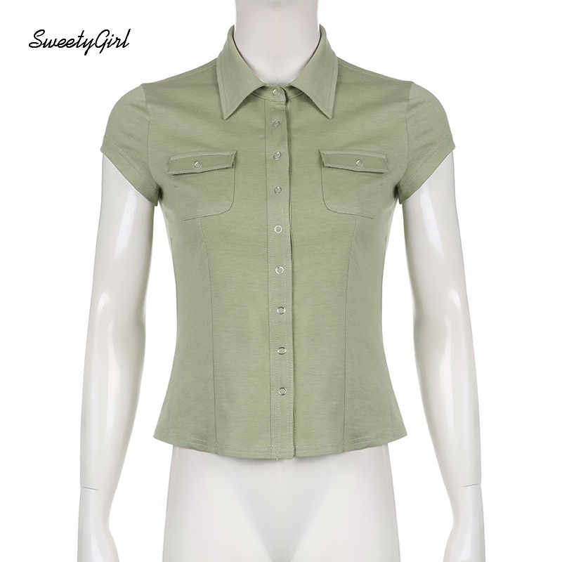 Áo Thun Cổ Bẻ Tay Ngắn Dáng Ôm Cài Nút Màu Trơn 2022 Thời Trang Quyến Rũ Cho Nữ