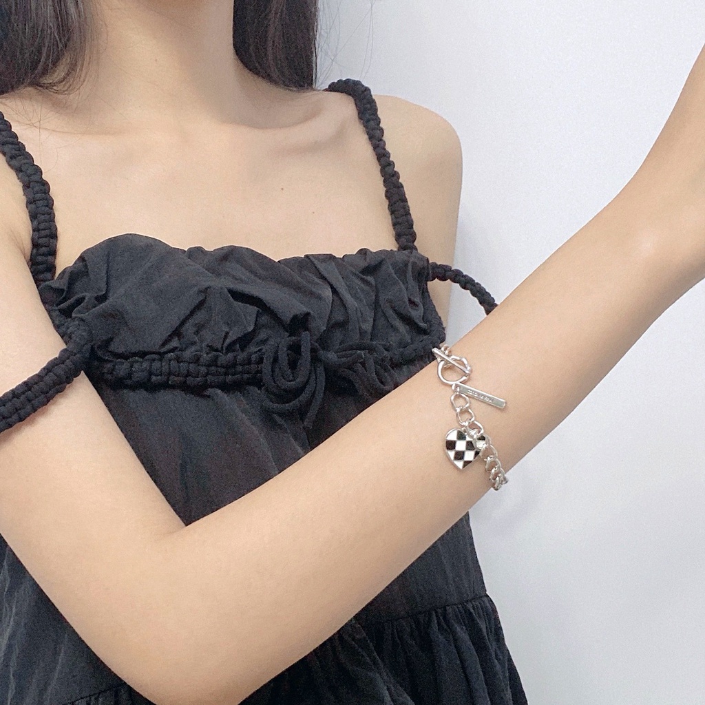 Vòng cổ phối mặt trái tim kẻ caro móc gài thời trang độc đáo Hàn Quốc dành cho nữ OUYOU