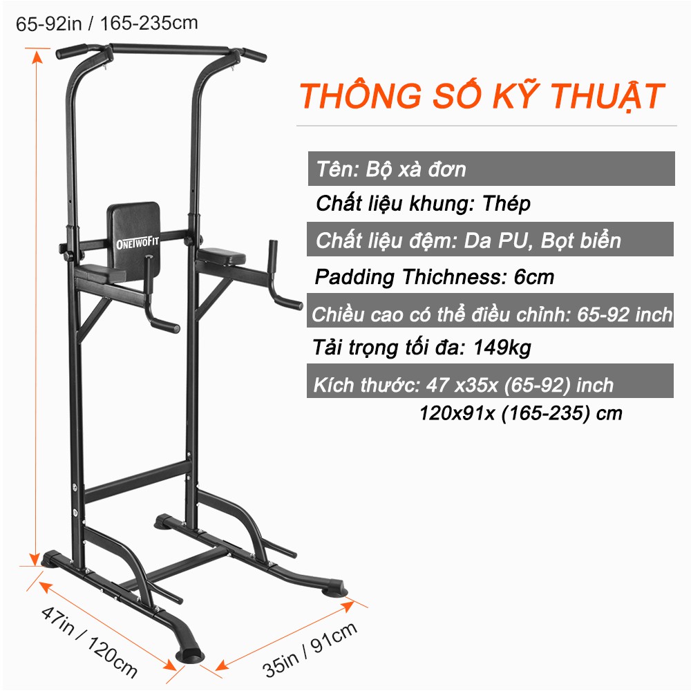 OneTwoFit Bộ xà đơn xà kép Fitness Pull up Bar Push Up-Weight OT084 có thể điều chỉnh chiều cao 120cm*91cm*(165-235)cm