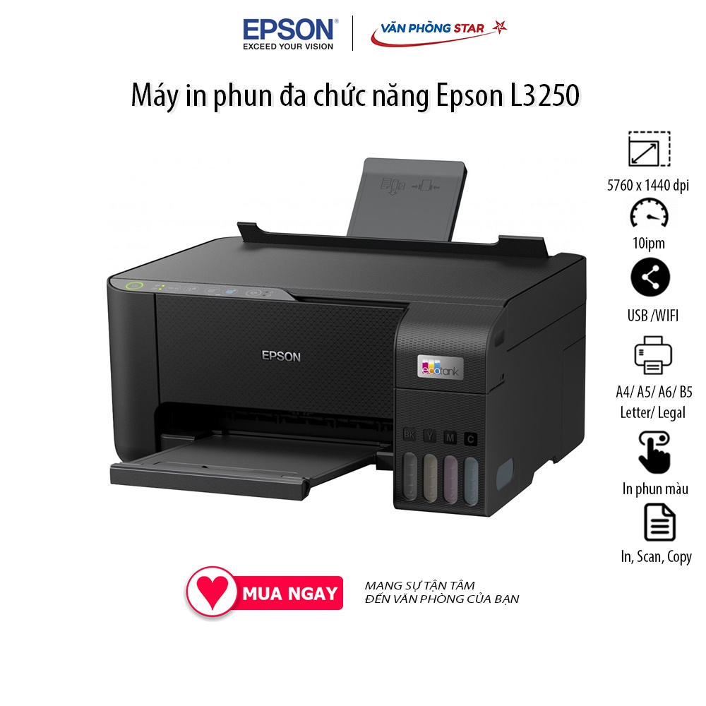 Máy in phun màu đa năng hiệu Epson L3250 khổ A4 Độ phân giải 5760 x 1440 dpi In, Quét, Sao chép 10 ipm