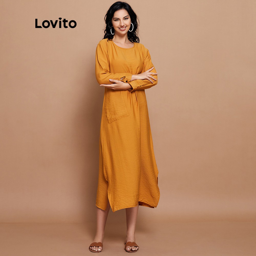 Đầm maxi Lovito tay dài xẻ tà phối túi màu trơn đơn giản L14X013 (màu vàng)
