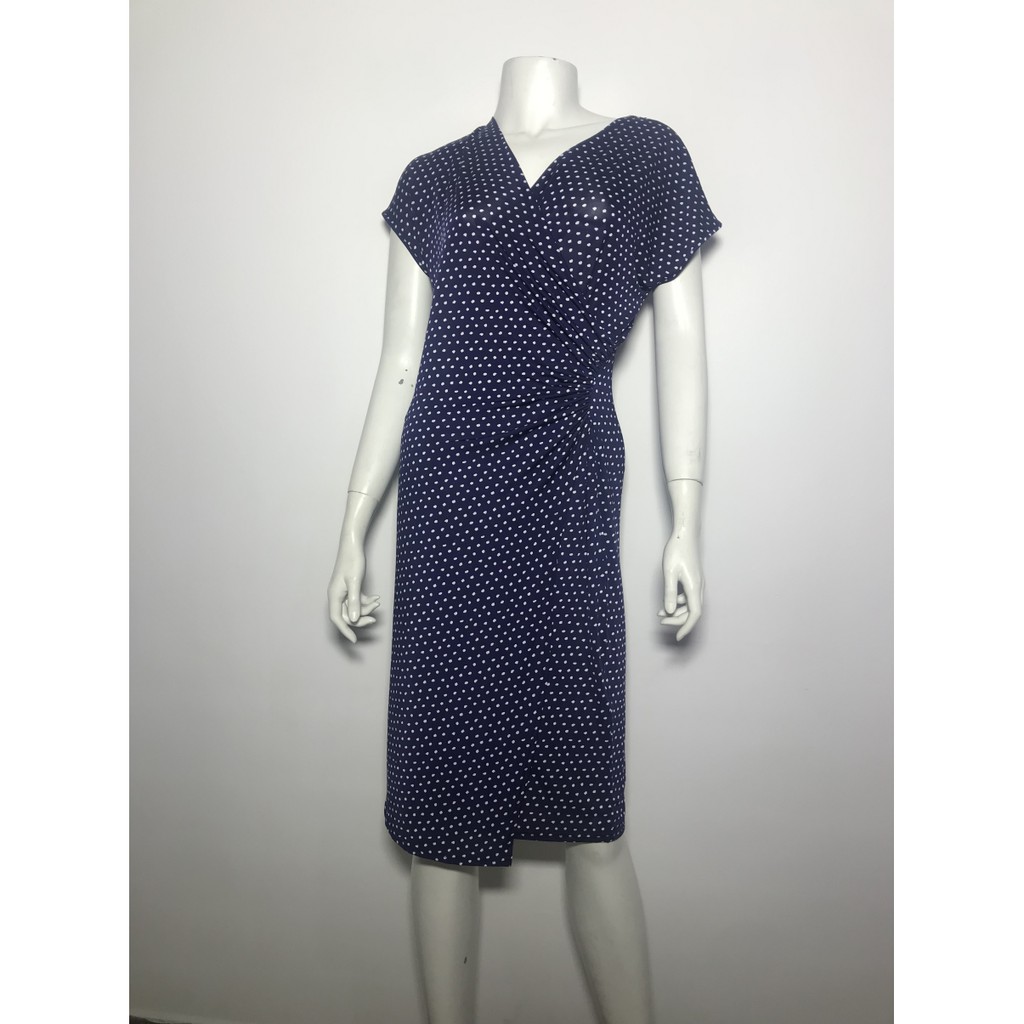 Đầm ngắn dự tiệc công sở nữ hiệu T tahari tay ngắn màu xanh chấm bi trắng size 6 chính hãng