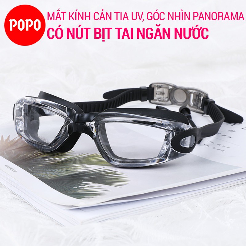 Kính bơi người lớn, kính bơi mắt trong POPO 11940T cùng nón bơi, bộ bịt tai kẹp mũi đủ phụ kiện bơi lội, thi đấu