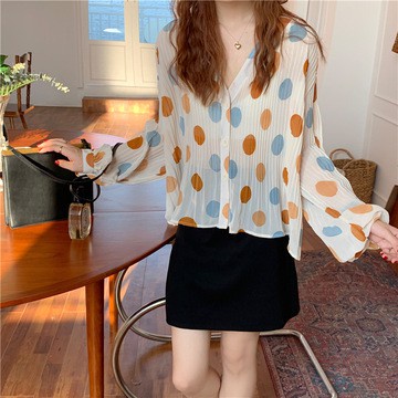 Western style loose wild fashion sweet street pleated chiffon shirt sunscreen blouse top women