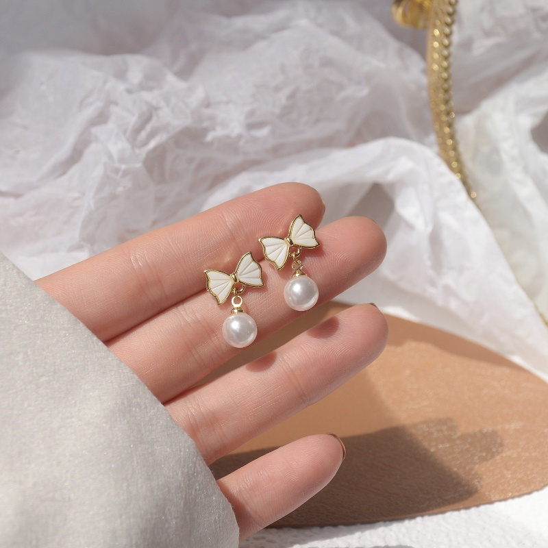 Bông Tai Hình Nơ Đính Ngọc Trai Dễ Thương Phong Cách Hàn Quốc