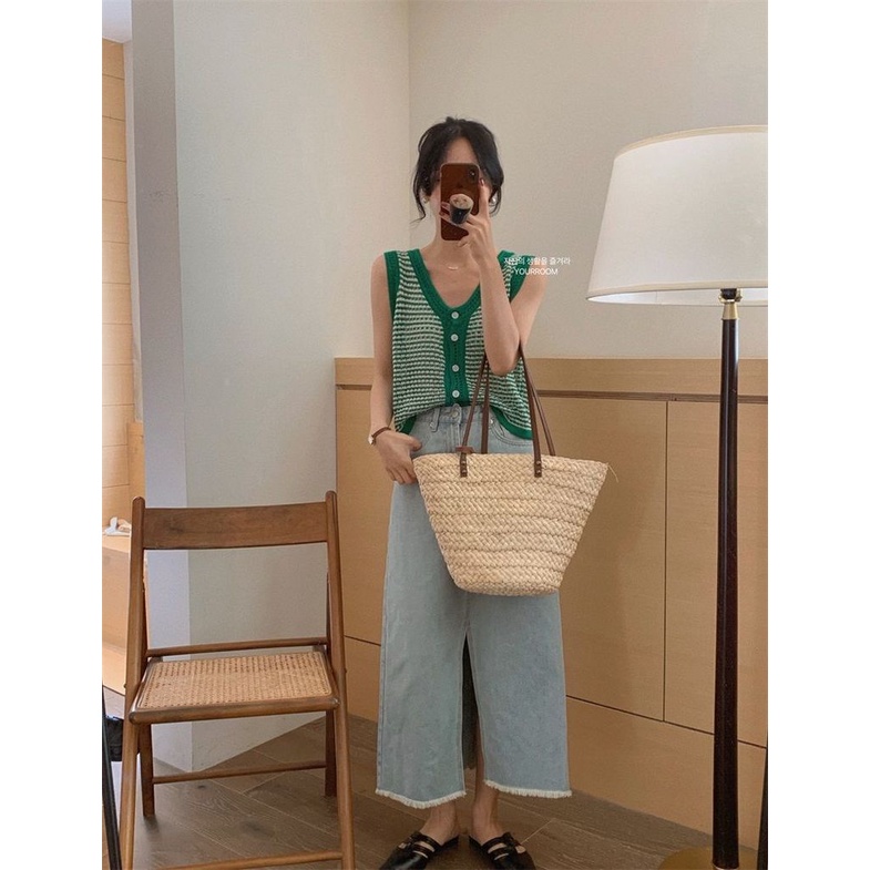 Áo Cardigan Không Tay Cổ Chữ V Màu Sắc Tương Phản Thời Trang Mùa Hè Cho Nữ