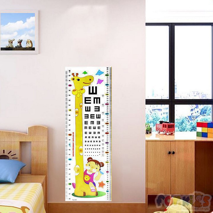 Thước Dán Tường Đo Chiều Cao Cho Bé Hình Hươu Cao Cổ 1m70cm, Decal dán tường đo chiều cao, kiểm tra thị giác cho bé