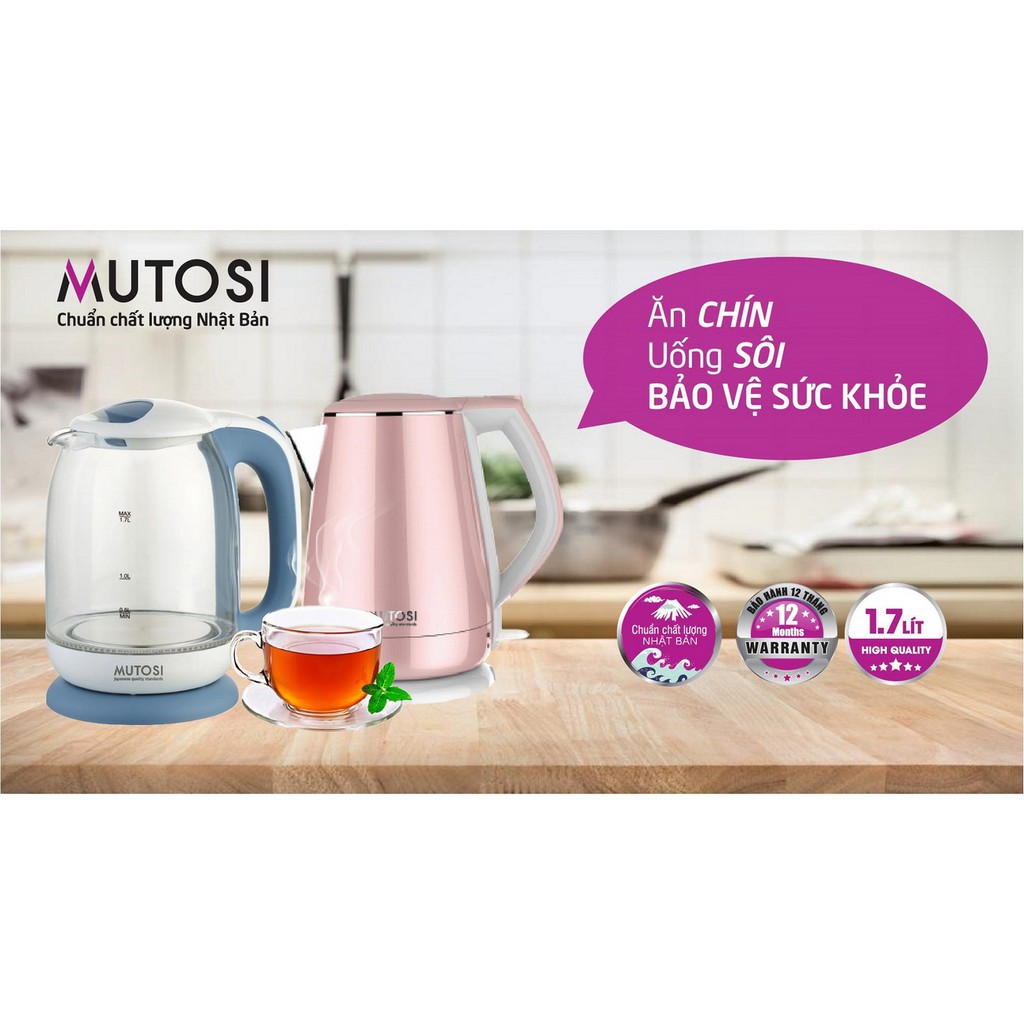 Ấm đun siêu tốc Mutosi MK-18 (hồng), 1.5L, thân ấm 2 lớp cách nhiệt siêu bền, công nghệ Nhật Bản, bảo hành 24 tháng