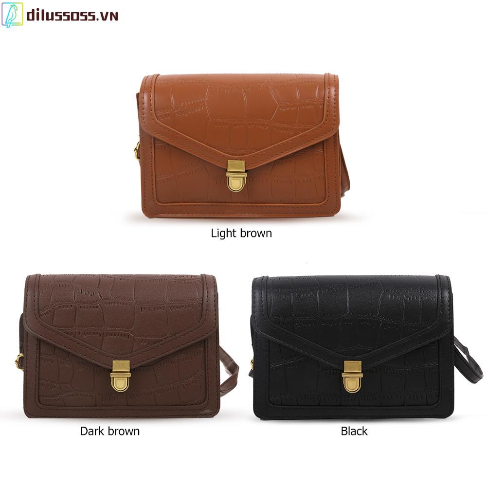 [DILUSSOSS] Túi đeo vai  Solid Color Retro Shoulder Bag Lock Stone Pattern Women PU Messenger Bags