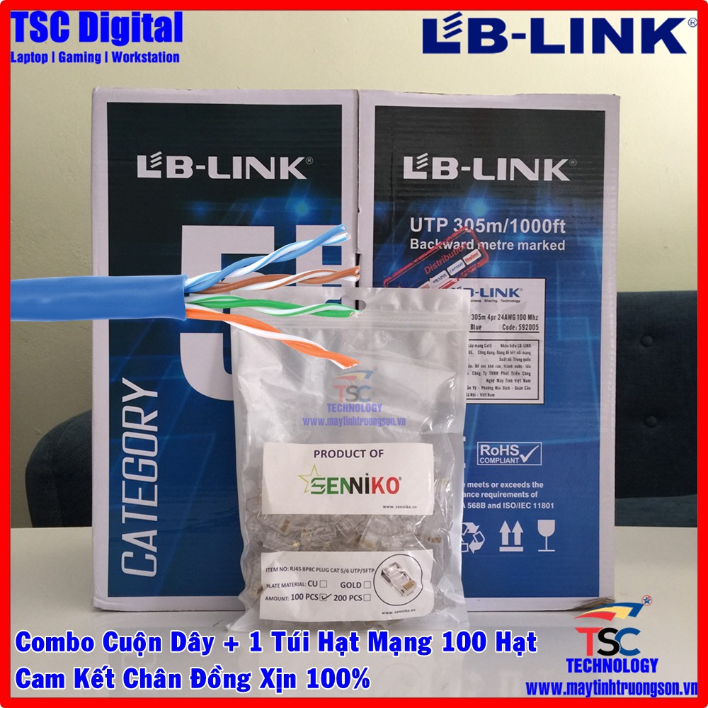 Dây Cable Mạng LB-LINK Cat5E UTP Cuộn 305m Màu Xanh | Kèm 1 Túi Hạt Mạng 100 Hạt Chân Đồng 100%