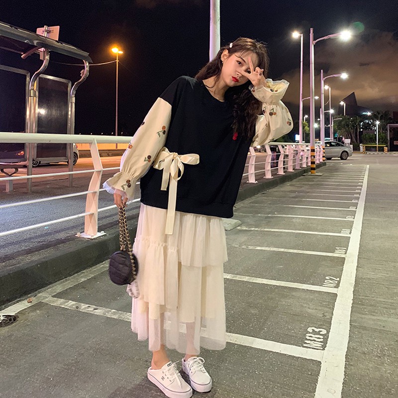 Order | Set áo thun dài tay, chân váy xòe xếp tầng ulzzang M1233 | BigBuy360 - bigbuy360.vn