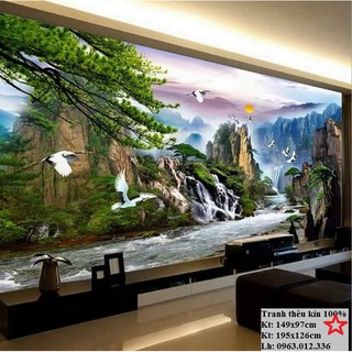 tranh thêu chữ thập phong cảnh tiền vô như nước kt 1m49
