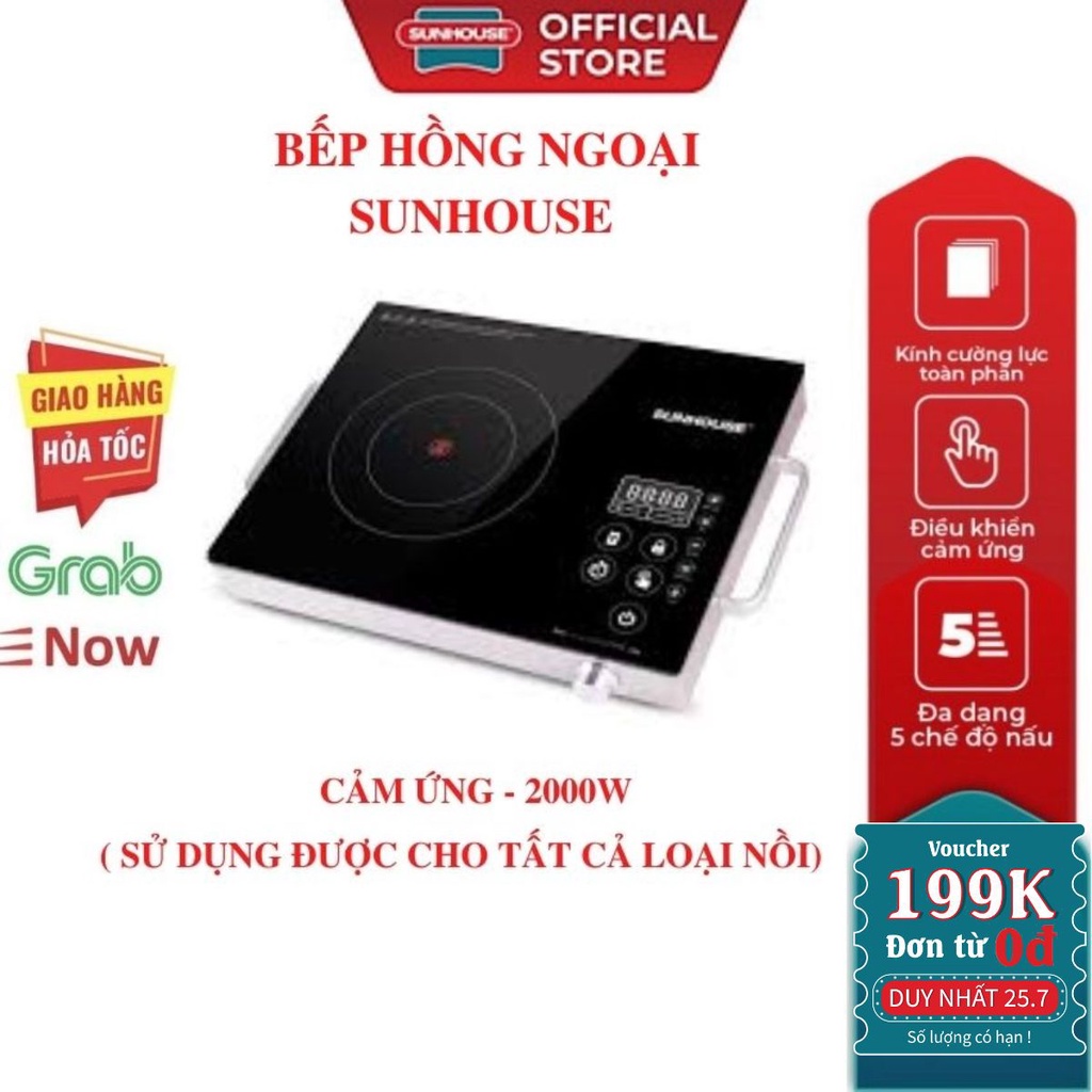 Bếp hồng ngoại SUNHOUSE SHD6017-2022 kích thước 2000W màn hình cảm ứng có núm vặn chỉnh nhiệt độ mặt kính cường lực