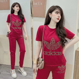 Đồ bộ dài thun cotton đính đá ba lá (2 màu đen, đỏ)