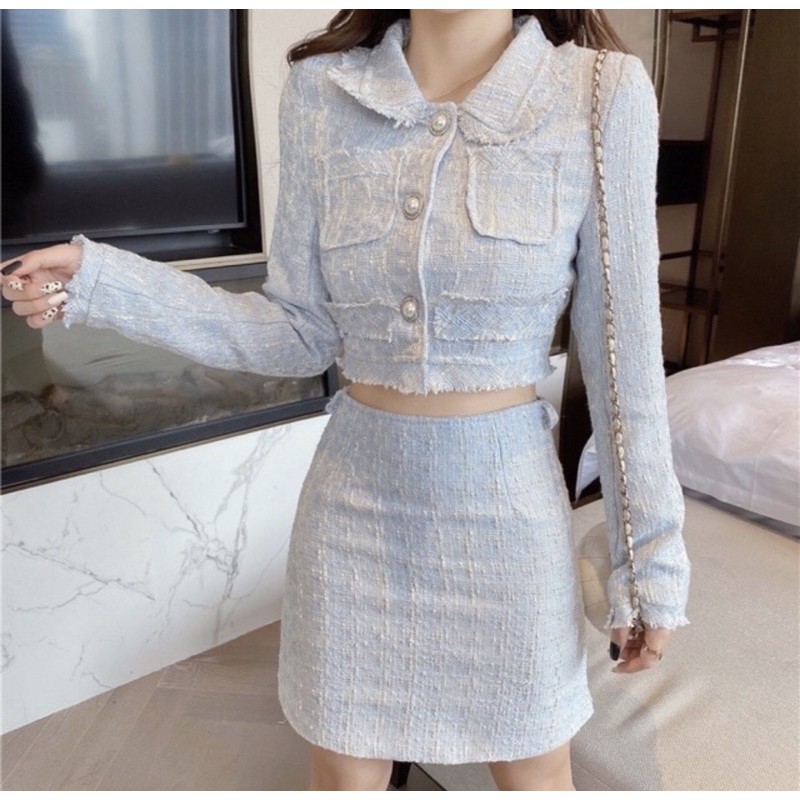 Sét Dạ Tweed Tay Dài Cao Cấp  SẴN MÀU XANH- -FREESHIP