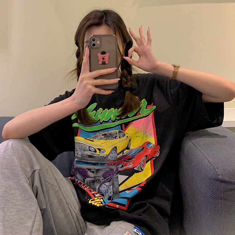 Áo Thun Tay Ngắn Cổ Tròn Dáng Rộng In Hình Xe Hơi Phong Cách Cổ Điển Thời Trang Mùa Hè Mới Cho Nữ