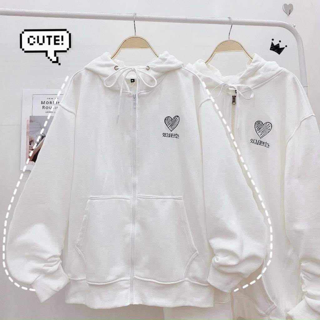 Áo hoddie form rộng thêu Tim màu trắng unisex nam nữ