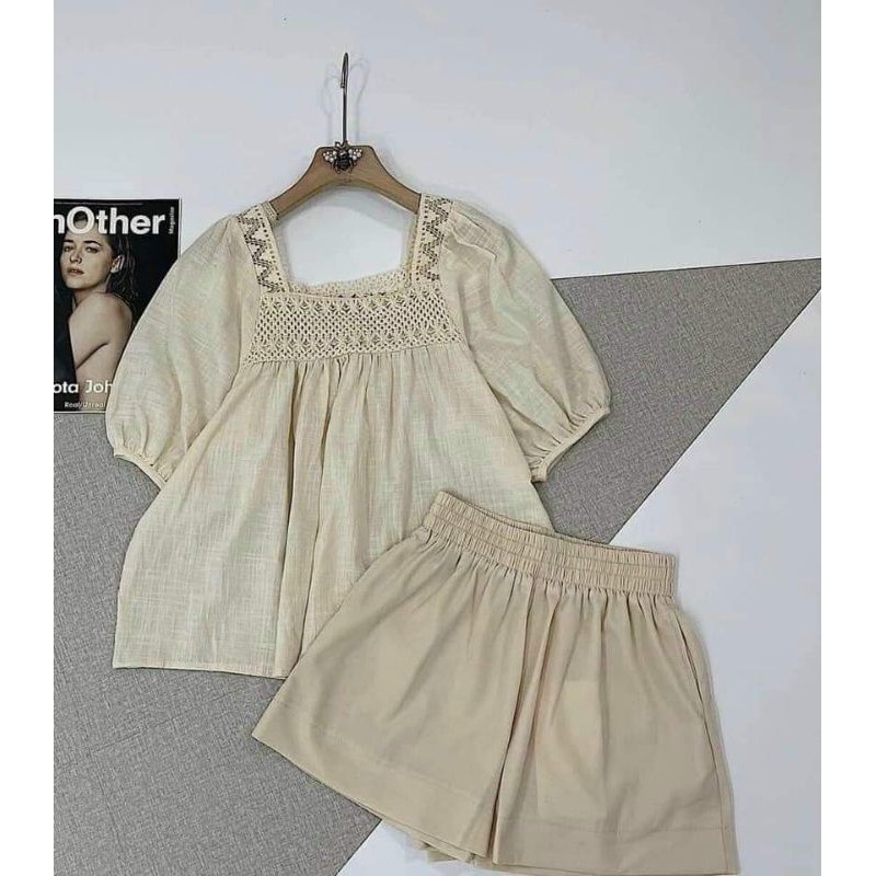 Set bộ ngắn ZARA xuất xịn babydoll xòe đũi xô áo cổ vuông viền ren tay ngắn phồng màu nude be