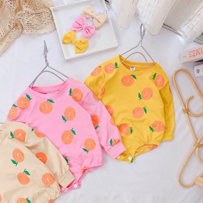 Bodysuit Dài Tay Quả Cam Cotton Cho Bé Gái Sơ Sinh 0-12 Tháng Kèm Turban, Váy Đầy Tháng, Bodysuit Sơ Sinh.