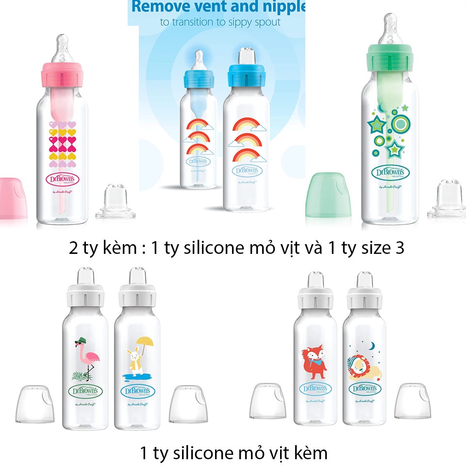 Bình Sữa Dr Brown's Nhựa Cổ Hẹp 250ML Options + Chuyển Đổi