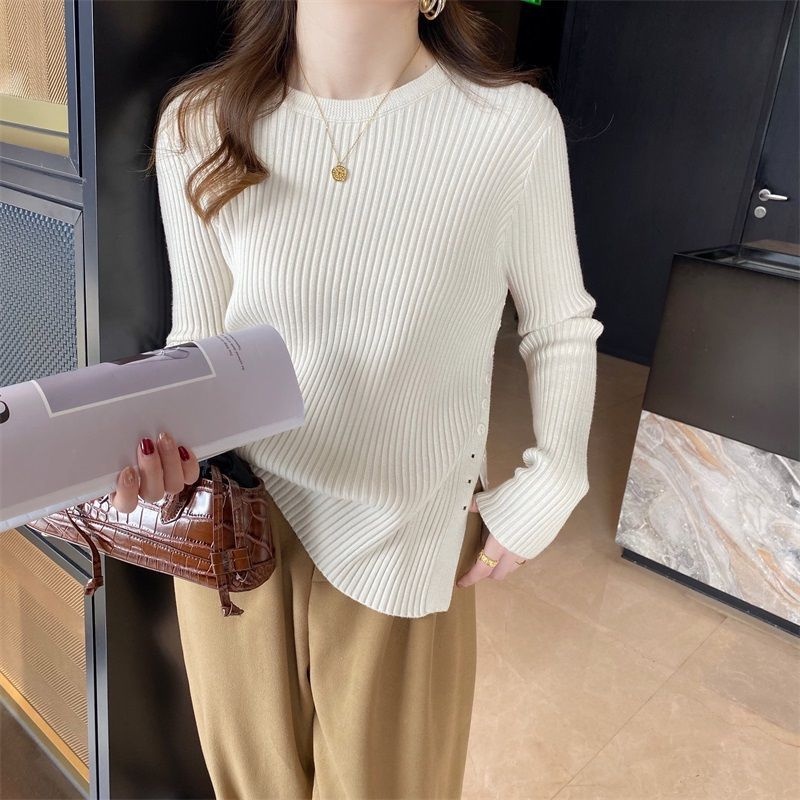 【ZHELIHANGFEI】Áo Sweater Dệt Kim Thiết Kế Xẻ Tà Phong Cách Phương Tây