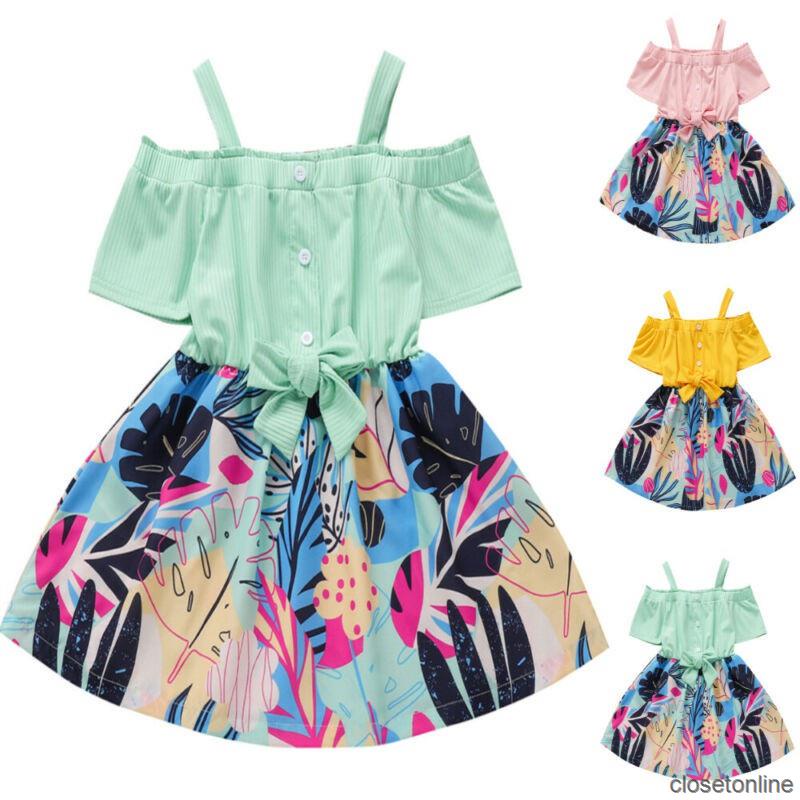 Sale Children Girl Bowknot Print Short Dress Summer Baby Beach Holiday Casual CL