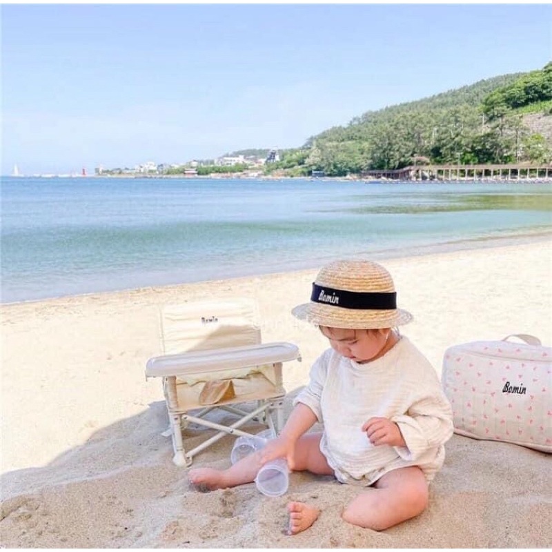 Mũ cói thêu tên bé theo yêu cầu phong cách Hàn Quốc chống thất lạc - Mũ nón trẻ em dễ thương đi học chơi đi biển có quai