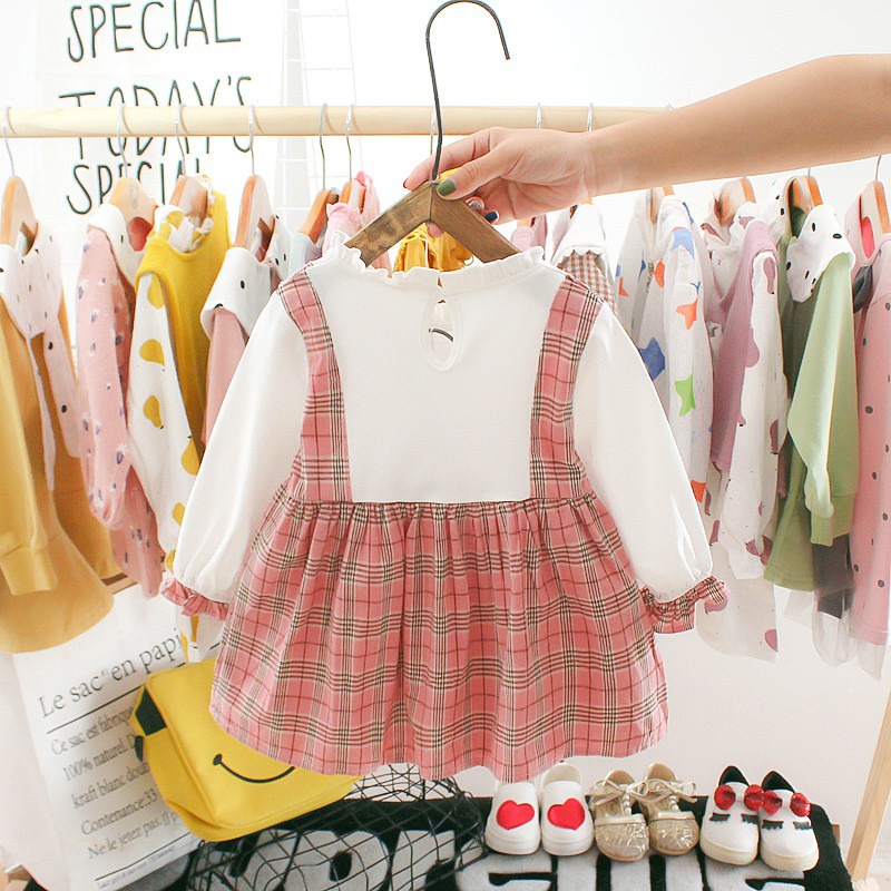 Váy thu đông caro ren ngực bé gái size 6-14kg VT18