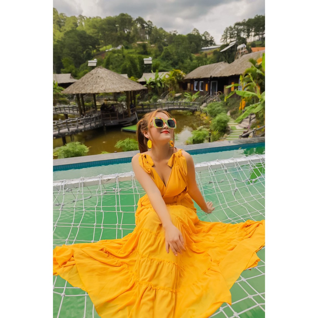 Set áo váy voan xòe nơ vai