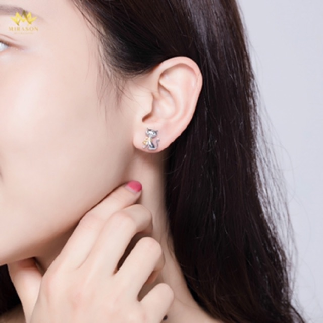 Khuyên Tai Bạc Nữ MIRASOn Mèo Đeo Chuông Vàng Dễ Thương MBT073 -  Bông Tai Nữ Bạc 925 Cao Cấp