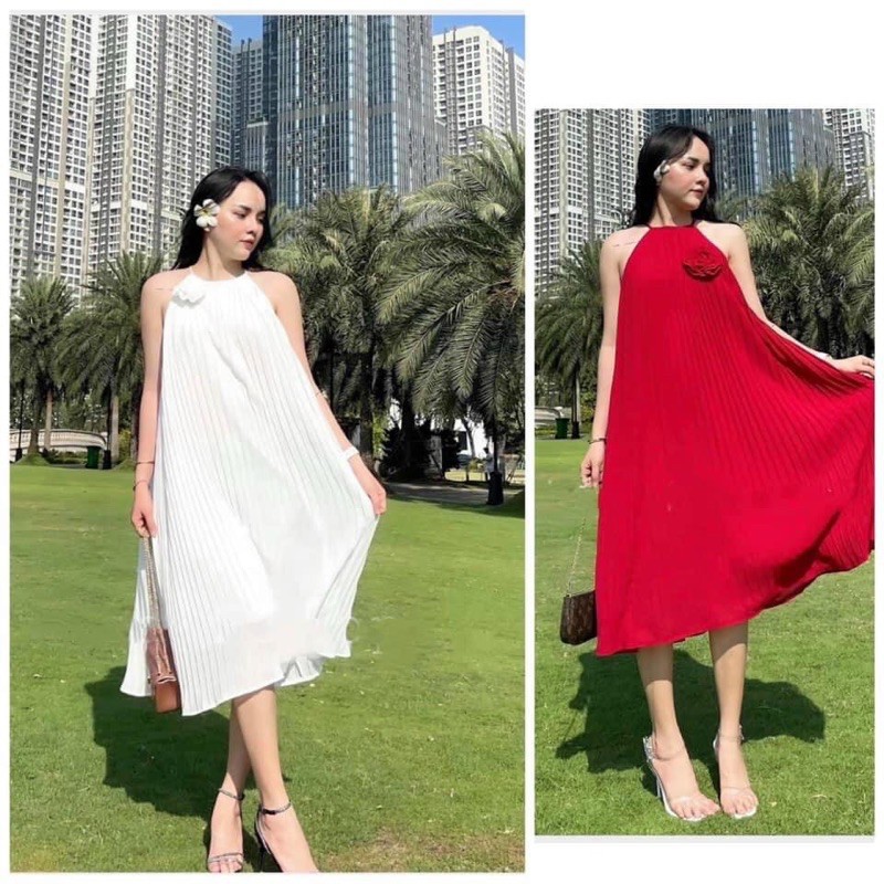 Đầm maxi hai dây dập ly phối hoa nhỏ siêu dễ thương hình thật