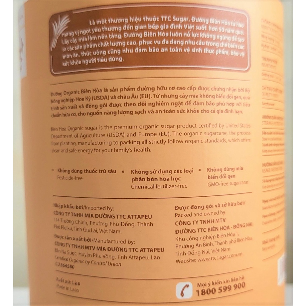 [Lọ 800g] [Organic] ĐƯỜNG MÍA HỮU CƠ [Laos] BIÊN HÒA Cane Sugar (halal)