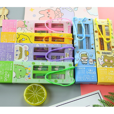 Bộ bút chì  5 món kèm gôm thước và gọt bút chì