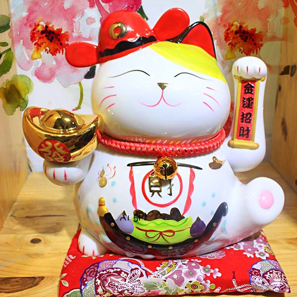 Mèo vẫy tay may mắn Lộc tiến vinh hoa 24cm gốm sứ, mèo thần tài nhật bản Maneki neko