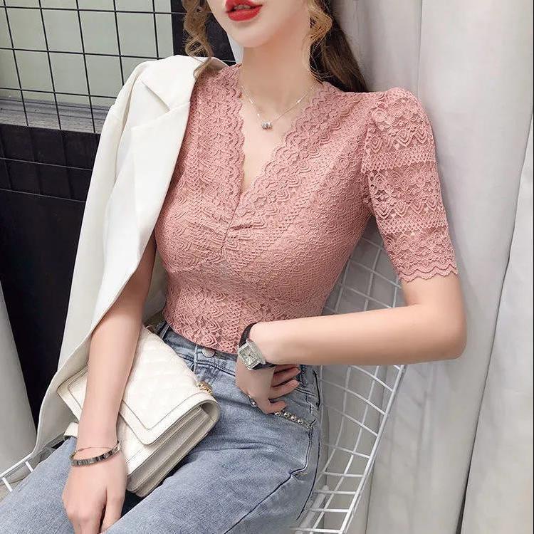 Áo Kiểu Tay Phồng Ngắn Cổ Chữ V Phối Ren Lưới Thời Trang Mùa Hè Mới Quyến Rũ Cho Nữ