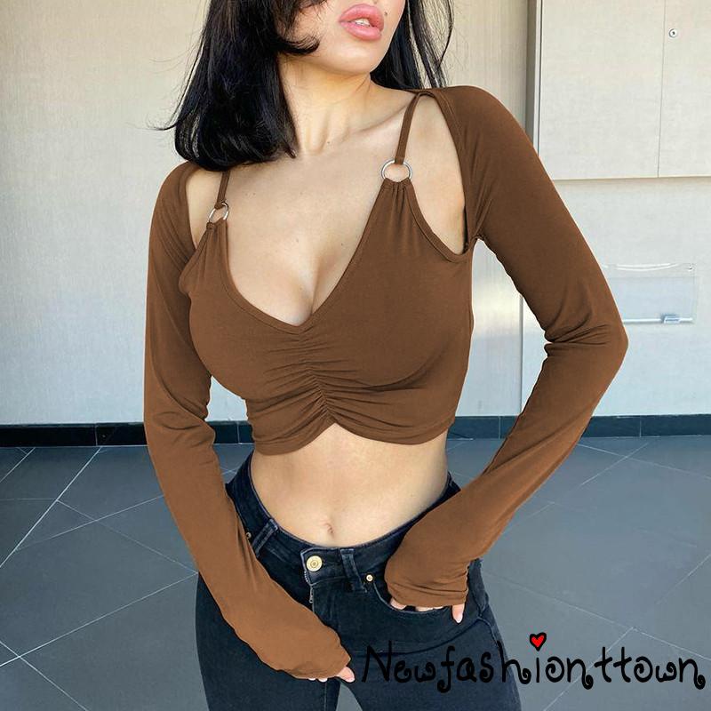 Áo Croptop Tay Dài Cổ Chữ V Màu Trơn Thời Trang Mùa Hè Cho Nữ