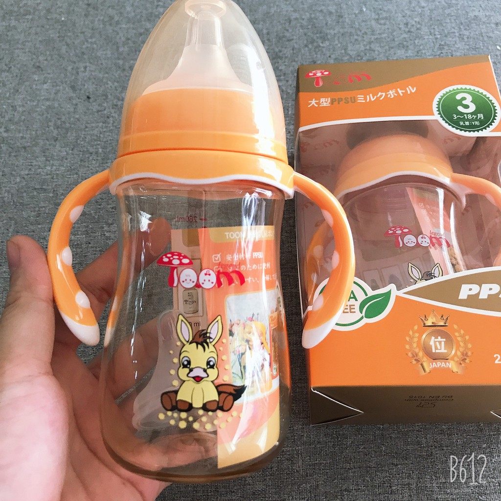 [Tặng 1 núm] Bình Sữa TOOM PPSU 260ml và 180ml cổ rộng có tay cầm quai cầm cho bé