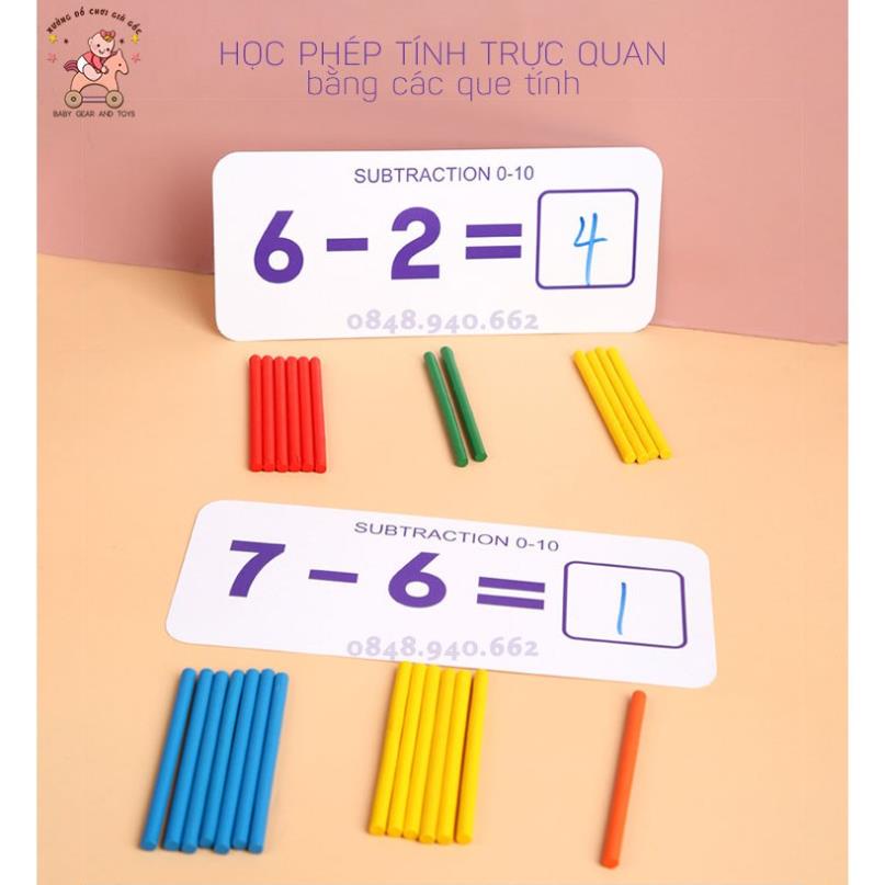 Bộ giáo cụ que tính học toán và thẻ ghép số học phép tính tư duy, giáo cụ Montessori cho bé