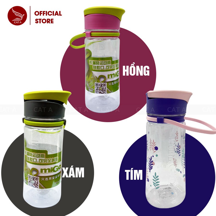 Bình đựng nước bằng Nhựa BPA FREE MIGO Cao cấp  - An toàn, trong suốt, có rây lọc, quai [500ML - 1782]