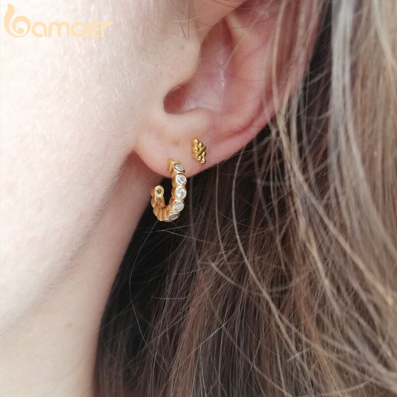 Khuyên tai BAMOER bạc 925 màu vàng kim chống dị ứng đính đá zircon cầu vồng trang sức thời trang cho nữ