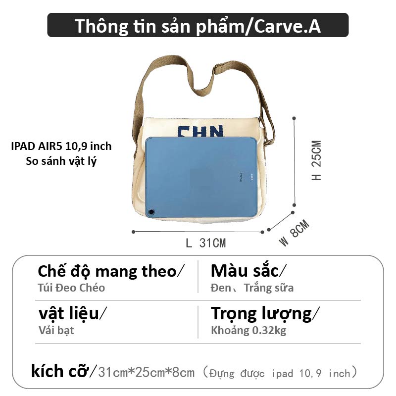 Carve.A Store Túi đeo chéo bên hông Messenger Túi vải chống mài mòn và không bị biến dạng Túi hàn quốc Túi Ipad Túi đeo chéo Túi đeo chéo Túi vải của phụ nữ