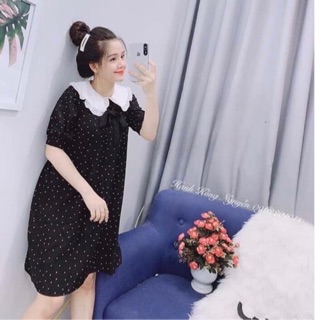 Váy suông chấm bi cổ viền bèo trắng