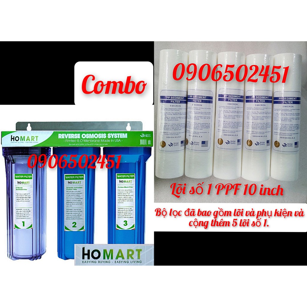 (Có ảnh thật) Bộ lọc nước gia đình 3 cấp lọc 10 inch (Xanh Trong) ren 21 + 5 cây lõi số 1 PPF 10 inch