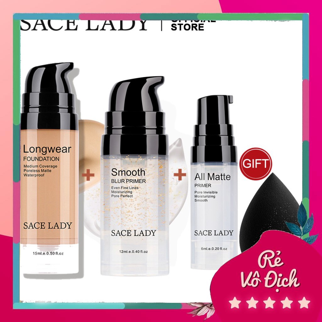 ( HOT NEW ) Set kem lót trang điểm + kem nền dạng lỏng SACE LADY kèm mút xốp chất lượng cao b225 | BigBuy360 - bigbuy360.vn