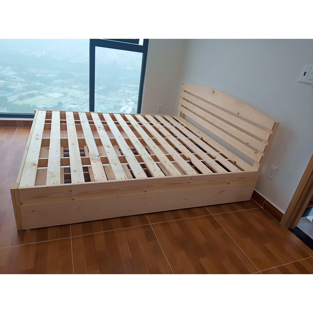 Giường ngủ gỗ Thông có đầu 2 hộc kéo 1m2_1m4_1m6_1m8