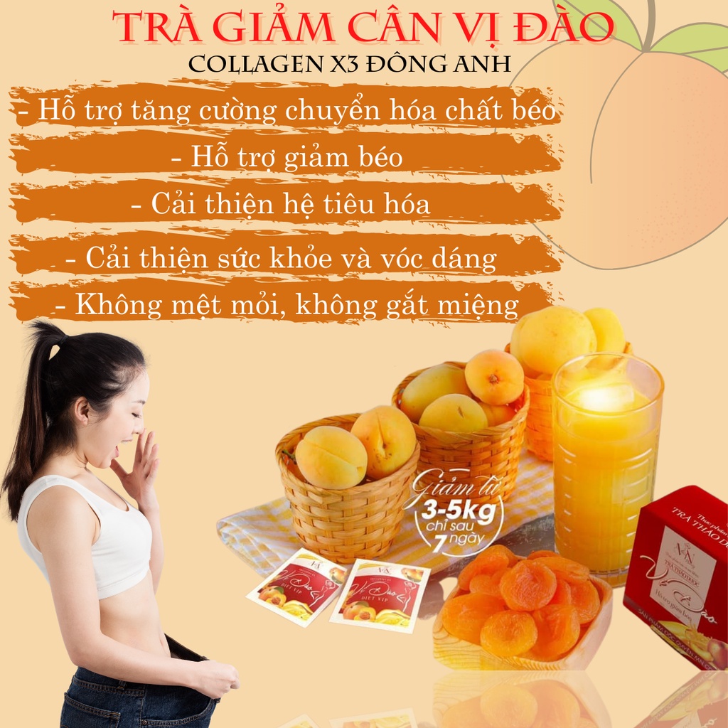 Trà Hỗ Trợ Giảm Cân Vị Đào Collagen X3 Đông Anh  Thảo dược hỗ trợ giảm béo, cải thiện hệ tiêu hóa