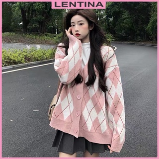 Áo khoác cardigan len caro nữ dáng dài form rộng dày dặn kiểu cổ V dệt kim phong cách Hàn Quốc trẻ trung