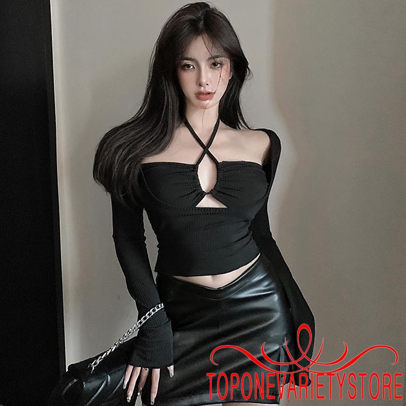 TOPQ-Women Korea Style Fake Two-Piece Crop Tops Solid Color Cutout Cross Halter Spring Autumn Casual Long Sleeve Tops