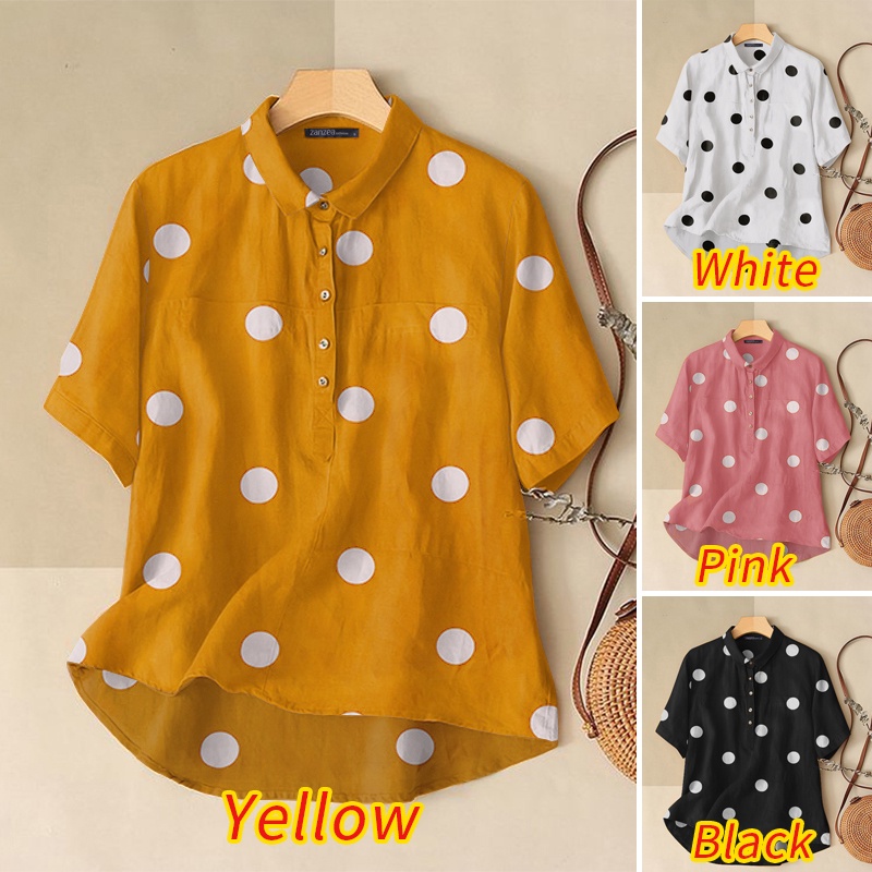 Áo sơ mi ZANZEA tay ngắn hoạ tiết chấm bi phong cách vintage nữ tính thanh lịch