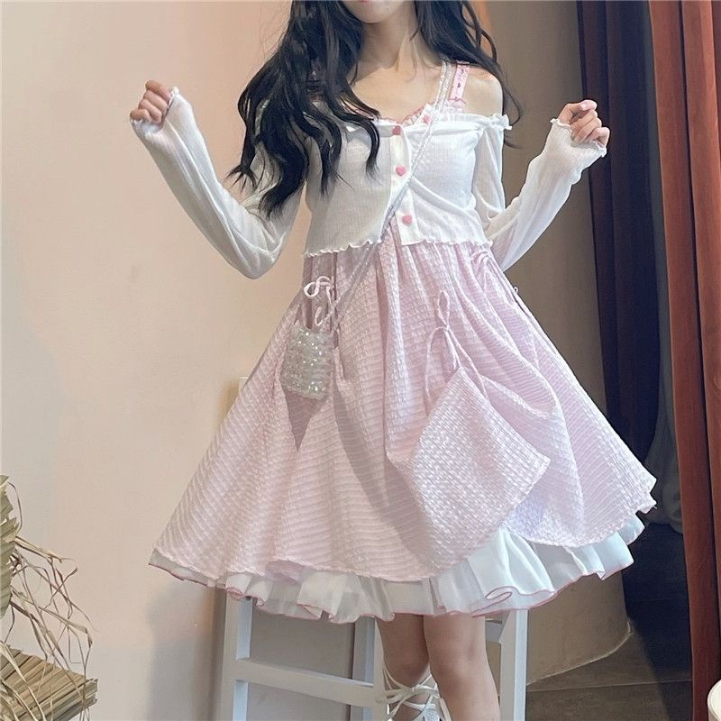 Váy hai dây xòe  babydoll công chúa màu hồng trắng oder taobao